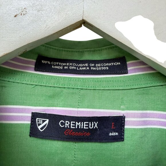 CREMIEUX Mens Classico Shirt Large Short Sleeve Green Stripe Cotton Button Down - Picture 4 of 8